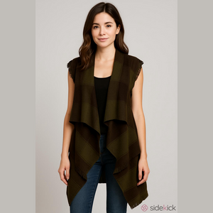 LONG boho green / Brown flannel scarf sweater, size medium, EUC